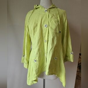 For Cynthia Lagenlook Yellow/Green 100% Linen Hooded Avante Garde Jacket Women S